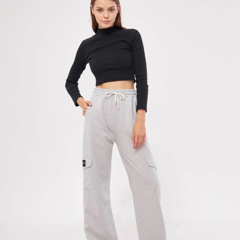 Kargo Cepli Palazzo Oversize Kesim İki iplik Bol Paça Eşofman Altı Pantolon - Gri
