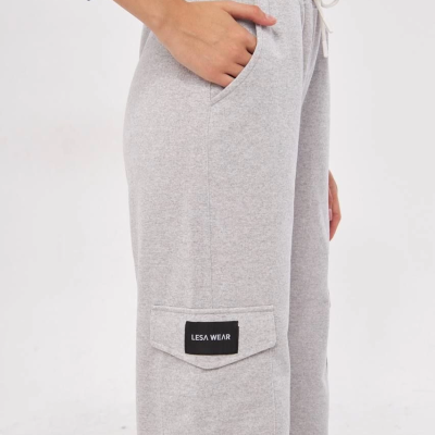 Kargo Cepli Palazzo Oversize Kesim İki iplik Bol Paça Eşofman Altı Pantolon - Gri