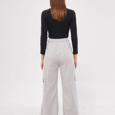 Kargo Cepli Palazzo Oversize Kesim İki iplik Bol Paça Eşofman Altı Pantolon - Gri