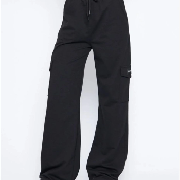 Kargo Cepli Palazzo Oversize Kesim İki iplik Bol Paça Eşofman Altı Pantolon - Siyah