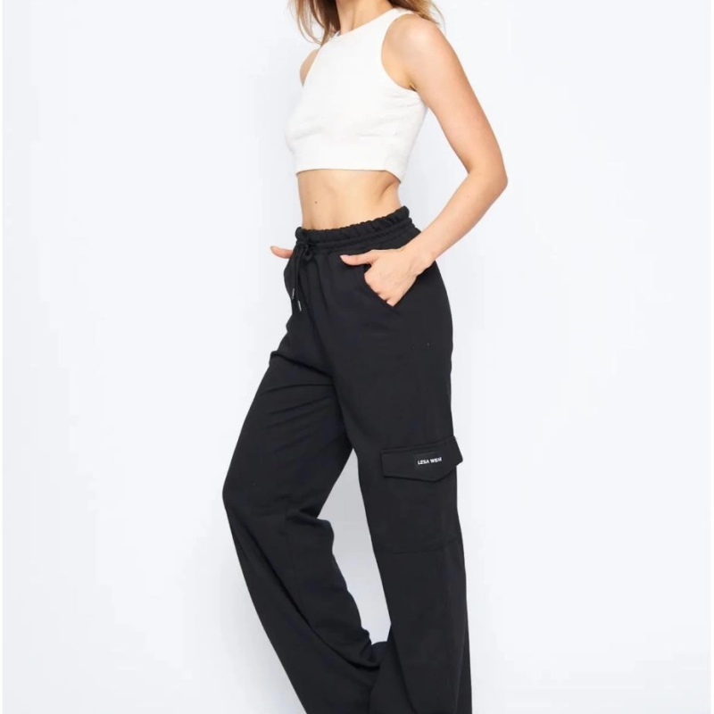 Kargo Cepli Palazzo Oversize Kesim İki iplik Bol Paça Eşofman Altı Pantolon - Siyah