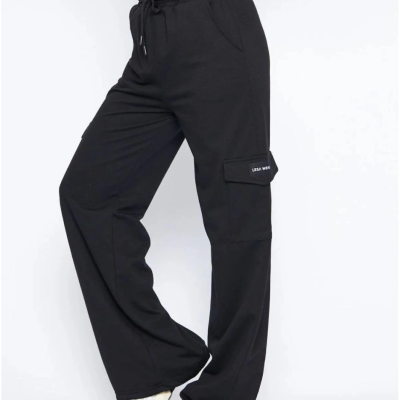 Kargo Cepli Palazzo Oversize Kesim İki iplik Bol Paça Eşofman Altı Pantolon - Siyah