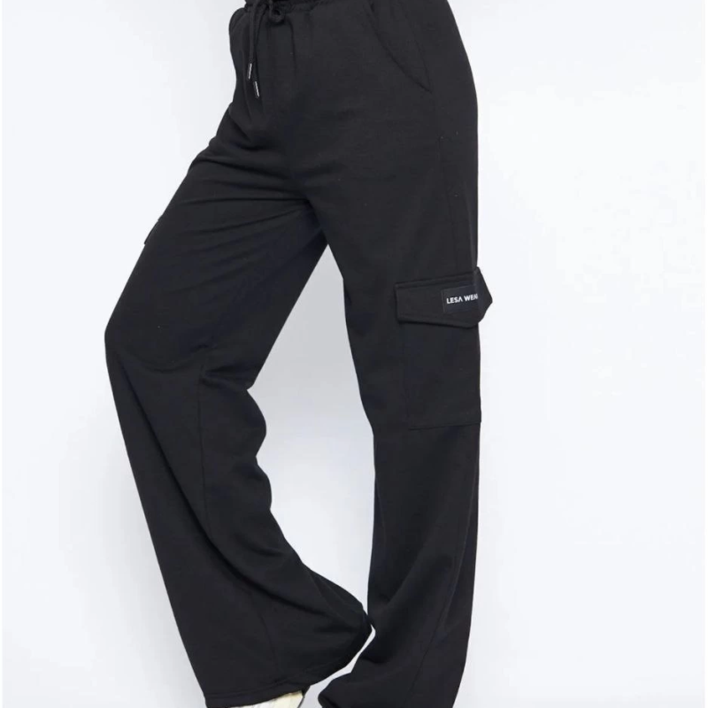 Kargo Cepli Palazzo Oversize Kesim İki iplik Bol Paça Eşofman Altı Pantolon - Siyah