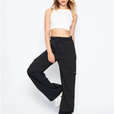 Kargo Cepli Palazzo Oversize Kesim İki iplik Bol Paça Eşofman Altı Pantolon - Siyah