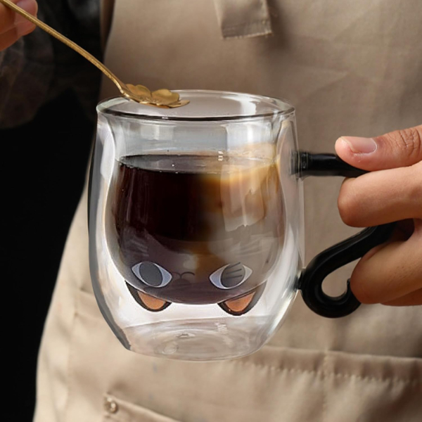 Kedi Figürlü Çift Cidarlı Cam Bardak 