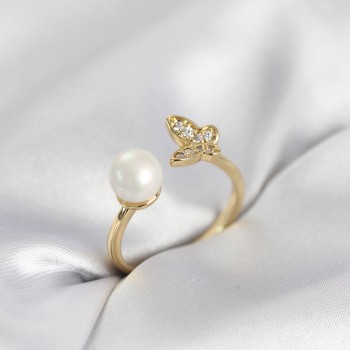 Kelebek İncili Model Gold Renk Zirkon Taşlı Kadın Yüzük