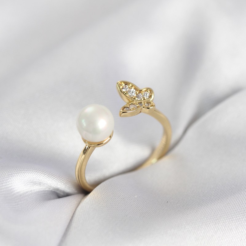 Kelebek İncili Model Gold Renk Zirkon Taşlı Kadın Yüzük