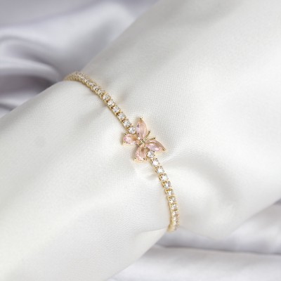 Kelebek Model Zirkon Taşlı Gold Renk Pirinç Su Yolu Kadın Bileklik