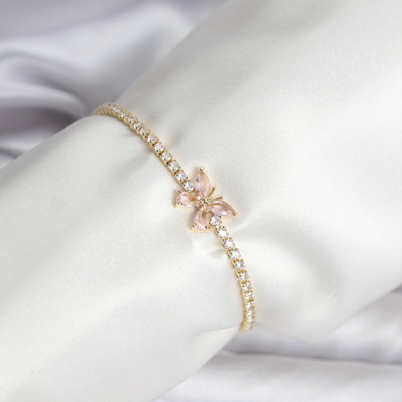 Kelebek Model Zirkon Taşlı Gold Renk Pirinç Su Yolu Kadın Bileklik