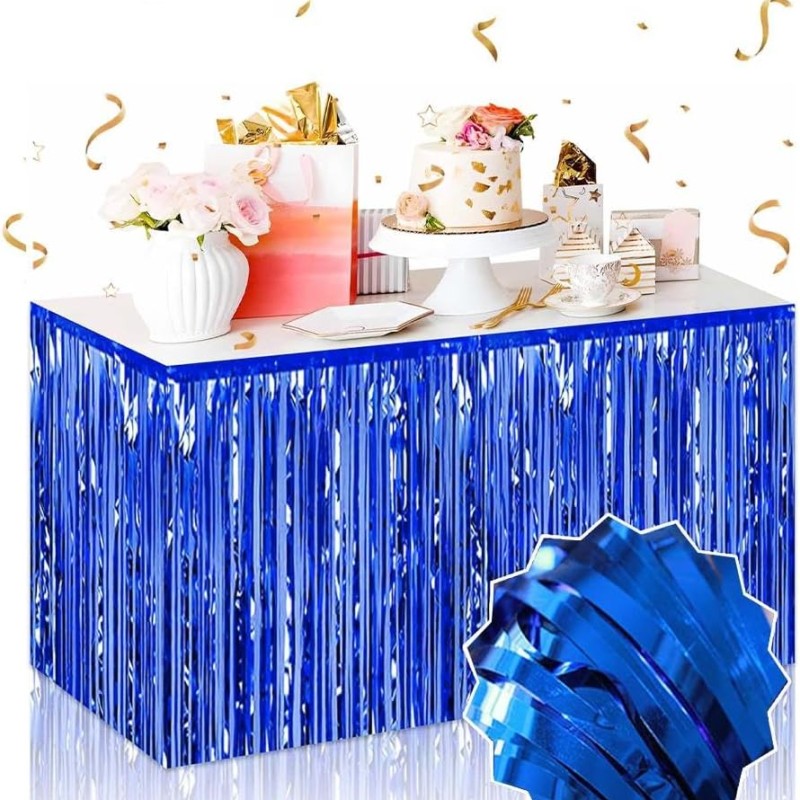 Kendinden Yapışkanlı Mavi Metalize Püsküllü Masa Eteği 