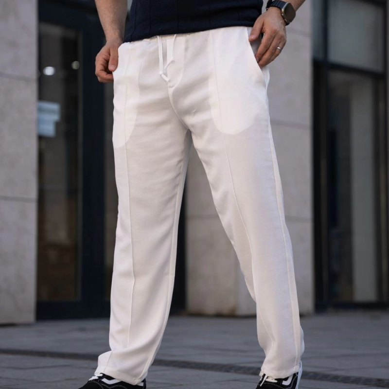 Keten Cepli Çıma Dikişli jogger Buggy Pantalon Rahat kalıp - Beyaz