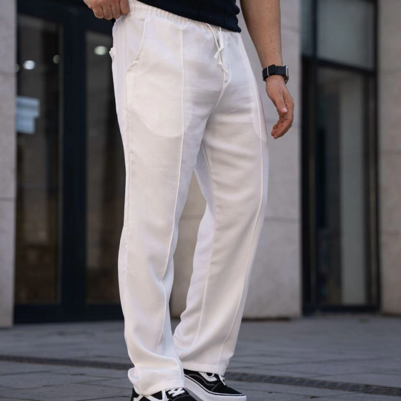 Keten Cepli Çıma Dikişli jogger Buggy Pantalon Rahat kalıp - Beyaz