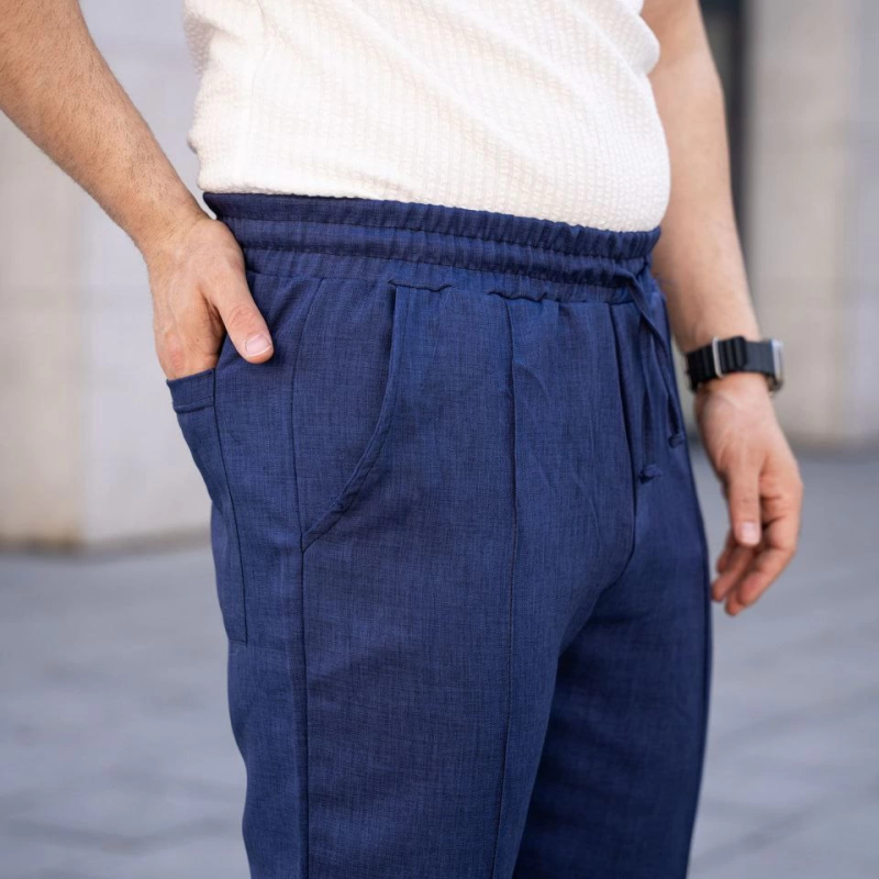 Keten Cepli Çıma Dikişli jogger Buggy Pantalon Rahat kalıp - Lacivert