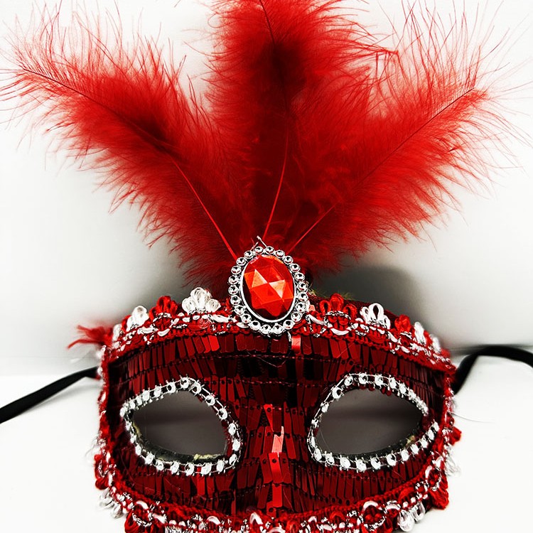 Kırmızı Payetli Pullu Tüylü Parti Maskesi