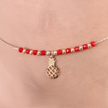 Kırmızı Renk Miyuki Taşlı Ananas Figürlü Metal Hal Hal