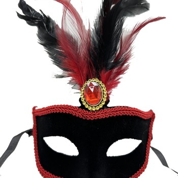 Kırmızı Tüylü Siyah Süet Kaplama Parti Maskesi
