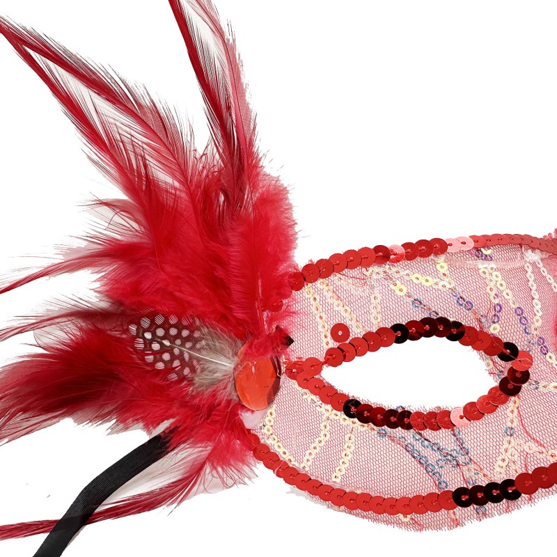 Kırmızı Yandan Tüylü Payetli Parti Maskesi
