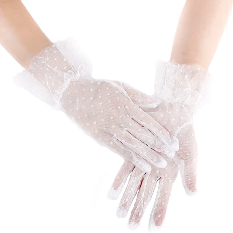 Kısa Boy Güpürlü Beyaz Puantiyeli Tül Eldiven