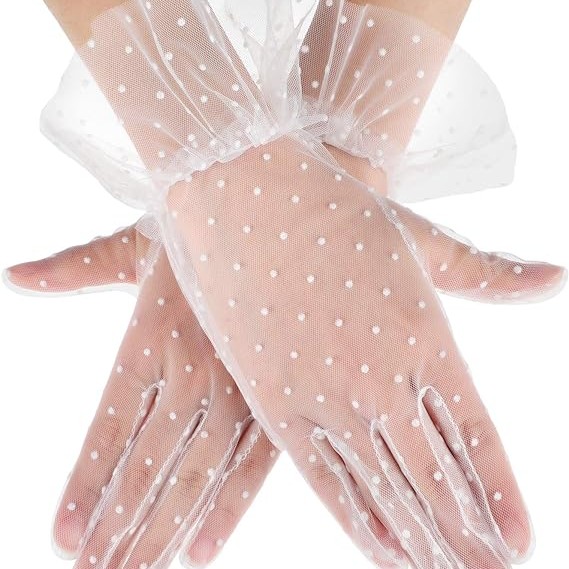 Kısa Boy Güpürlü Beyaz Puantiyeli Tül Eldiven