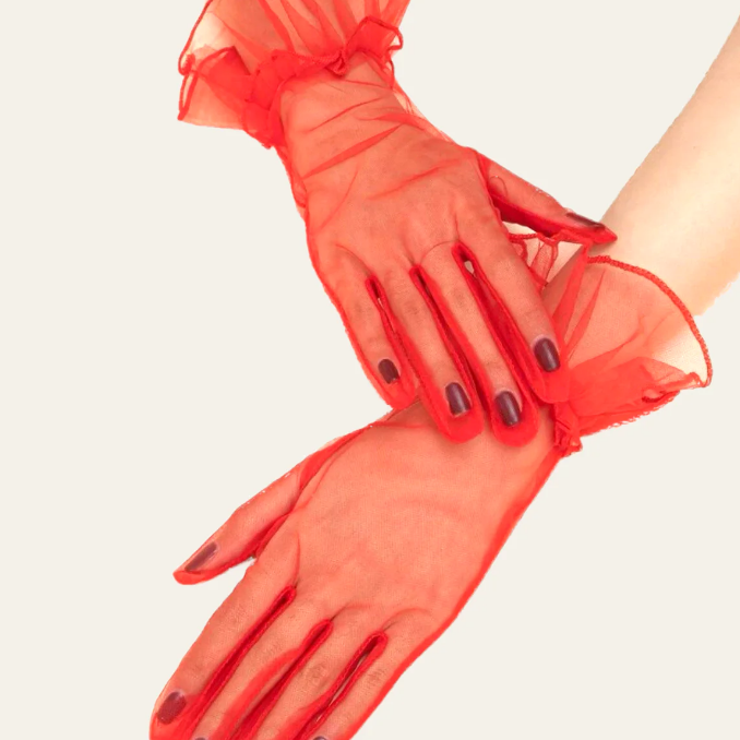 Kısa Boy Likralı Güpürlü Yetişkin Tül Eldiven Kırmızı Renk 