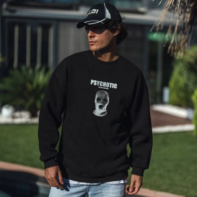 Kışlık Bisiklet Yaka Baskılı SweatShirt - Siyah -