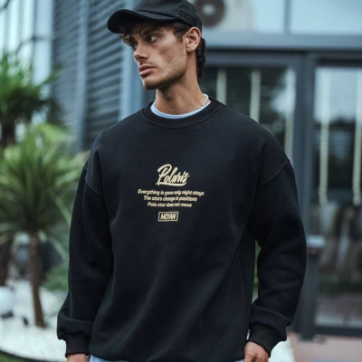 Kışlık Bisiklet Yaka Ön Ve Arka Baskılı SweatShirt - Siyah -