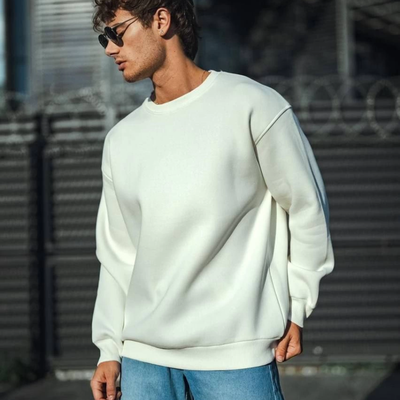 Kışlık Bisiklet Yaka Üç İplik Basic SweatShirt - Beyaz -