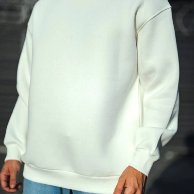 Kışlık Bisiklet Yaka Üç İplik Basic SweatShirt - Beyaz -