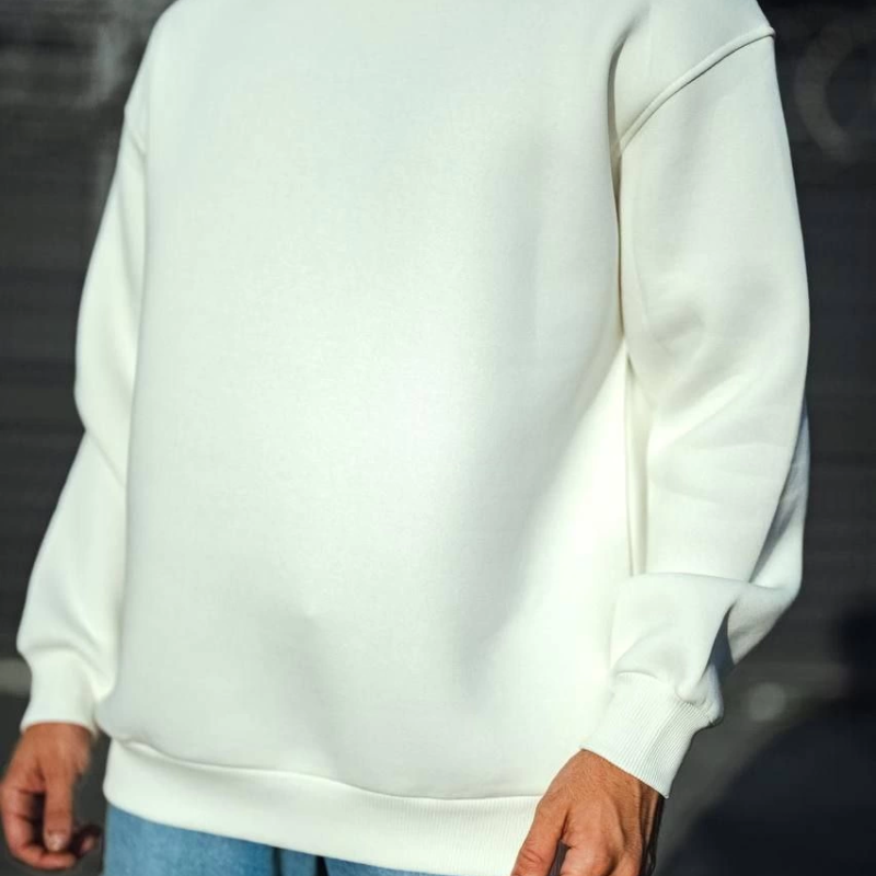 Kışlık Bisiklet Yaka Üç İplik Basic SweatShirt - Beyaz -