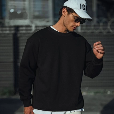 Kışlık Bisiklet Yaka Üç İplik Basic SweatShirt - Siyah -