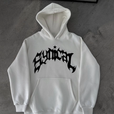 Kışlık Kapüşonlu Baskılı Oversize SweatShirt- Beyaz -