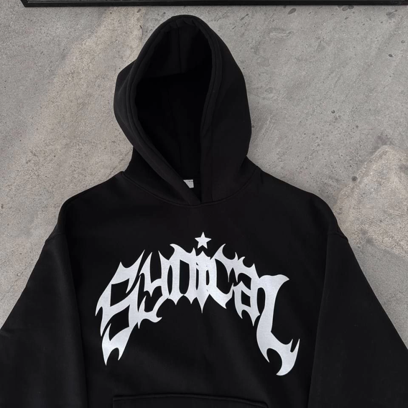 Kışlık Kapüşonlu Baskılı Oversize SweatShirt- Siyah -