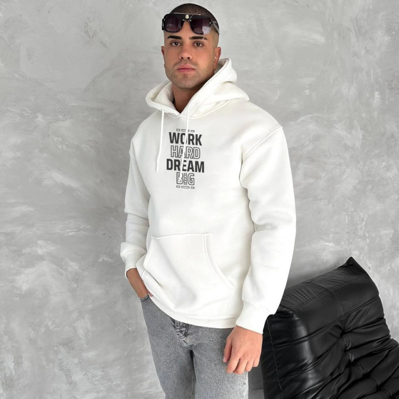 Kışlık Üç İplik Kapüşonlu SweatShirt - Beyaz -
