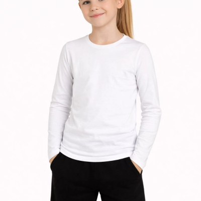 Kız Çocuk Basic Uzun Kollu Tişört Okul Günlük Rahat T-Shirt - Beyaz
