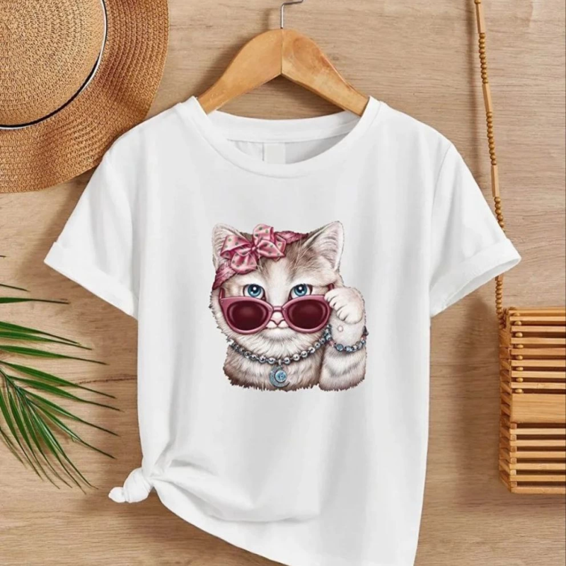 Kız Çocuk Bisiklet Yaka Baskılı T-Shirt - Beyaz