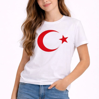 Kız Çocuk Tişört Bisiklet Yaka Ay Yıldız Bayrak Baskılı T-Shirt - Beyaz