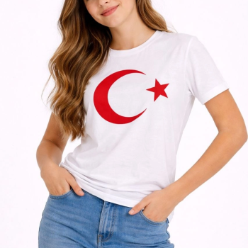 Kız Çocuk Tişört Bisiklet Yaka Ay Yıldız Bayrak Baskılı T-Shirt - Beyaz