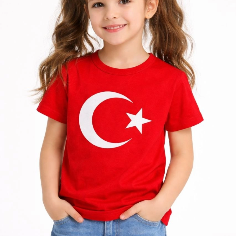 Kız Çocuk Tişört Bisiklet Yaka Ay Yıldız Bayrak Baskılı T-Shirt - Kırmızı
