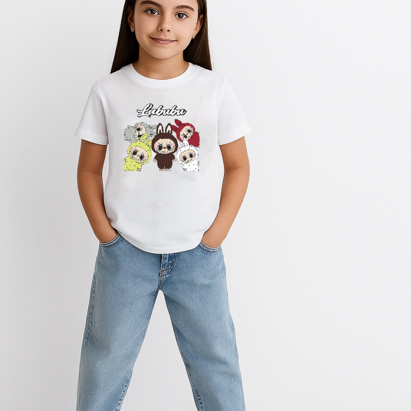 Kız Labubu Çocuk Baskılı T-Shirt - Beyaz