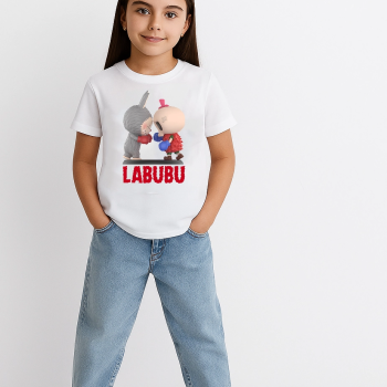 Kız Labubu Çocuk Baskılı T-Shirt - Beyaz