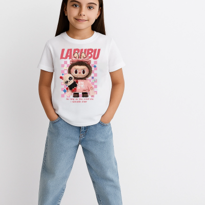 Kız Labubu Çocuk Baskılı T-Shirt - Beyaz