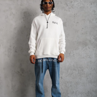 Kol ve Etek Ribana Baskılı Kapüşonlu Sweat - Beyaz