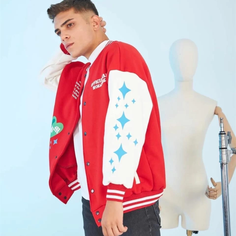 Kolları Yıldız Sırt Baskılı Oversize Kolej Ceket - Kırmızı