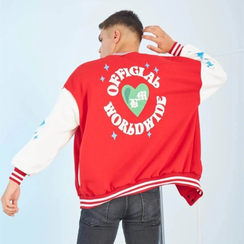 Kolları Yıldız Sırt Baskılı Oversize Kolej Ceket - Kırmızı