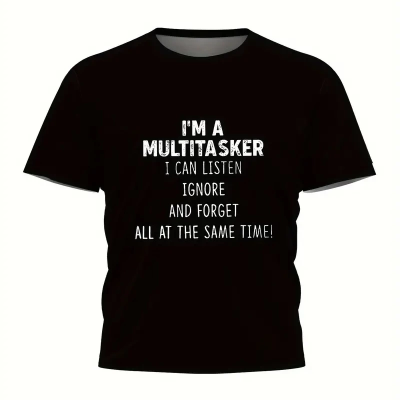 Komik 'Multitasker' Baskılı Tişört, Günlük Kısa Kollu Oversize Tişört,- Siyah -