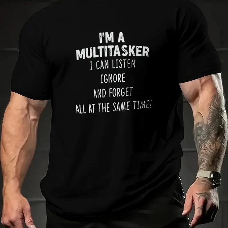 Komik 'Multitasker' Baskılı Tişört, Günlük Kısa Kollu Oversize Tişört,- Siyah -