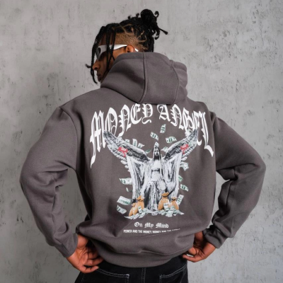 Kordon İpli Baskılı Kapüşonlu Sweatshirt - Füme