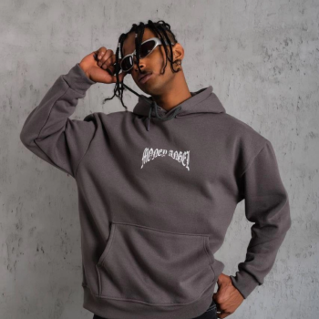 Kordon İpli Baskılı Kapüşonlu Sweatshirt - Füme