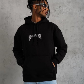 Kordon İpli Baskılı Kapüşonlu Sweatshirt - Siyah -