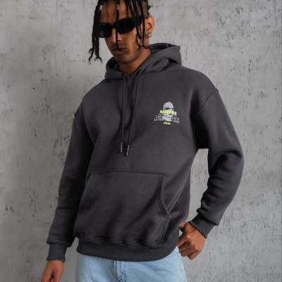 Kordonlu Maske Baskılı Kapşonlu Sweat - Gri